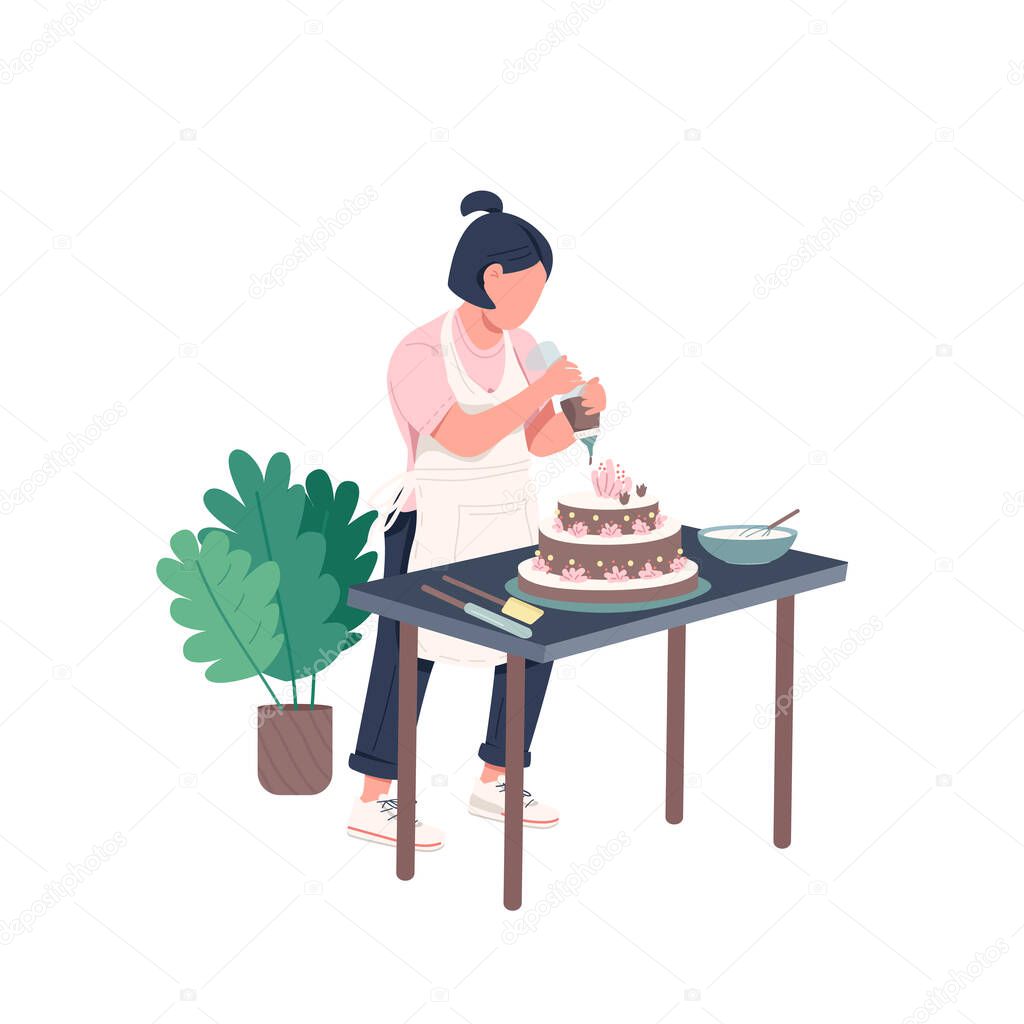 Housewife flat color vector faceless character. Woman cook DIY recipe. Female decorate homemade birthday cake. Creative hobby isolated cartoon illustration for web graphic design and animation