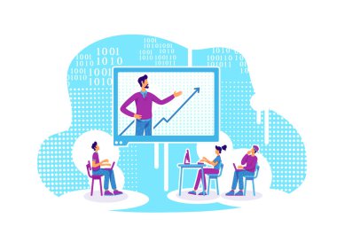 E, düz konsept vektör illüstrasyonuna rehberlik ediyor. Veri analizi ve kodlama çevrimiçi dersi. Öğrenci ve öğretmen web tasarımı için 2D çizgi film karakterleri. Programlama ve istatistik video konferansı yaratıcı fikri