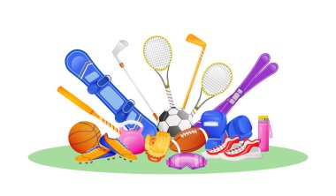 Farklı spor aletleri düz konsept vektör çizimi. Egzersiz için ayakkabılar. Snowboard ve kayak. Golf sopası. Web tasarımı için spor aletleri 2D nesneler. Etkin yaşam tarzı yaratıcı fikir