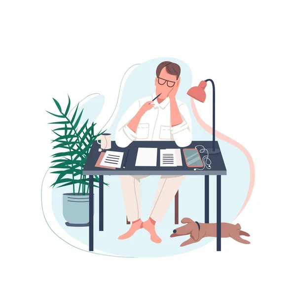 Freelance Writer Flat Color Vector Faceless Character Man Sit Desk — Stock Vector