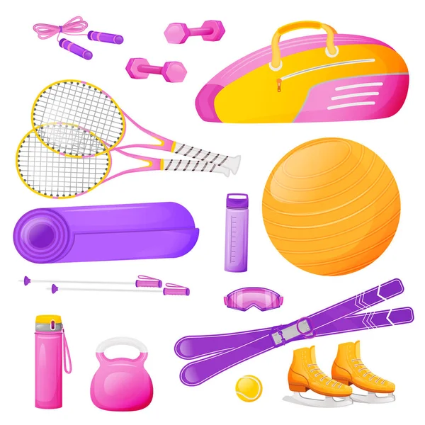 女性のエアロビクスギアフラットカラーベクトルオブジェクトを設定します ピンクのバッグはテニスラケット フィットネストレーニング ロープを滑らせて スポーツ用品白い背景に2D分離漫画イラスト — ストックベクタ