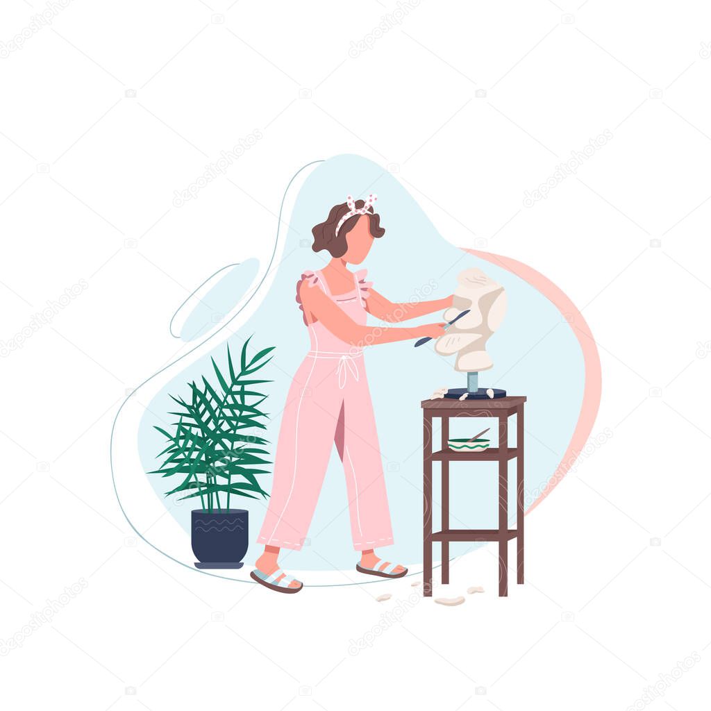 Female artist with sculpt flat color vector faceless character. Woman work in art studio. Carving marble with tools. Self expression isolated cartoon illustration for web graphic design and animation