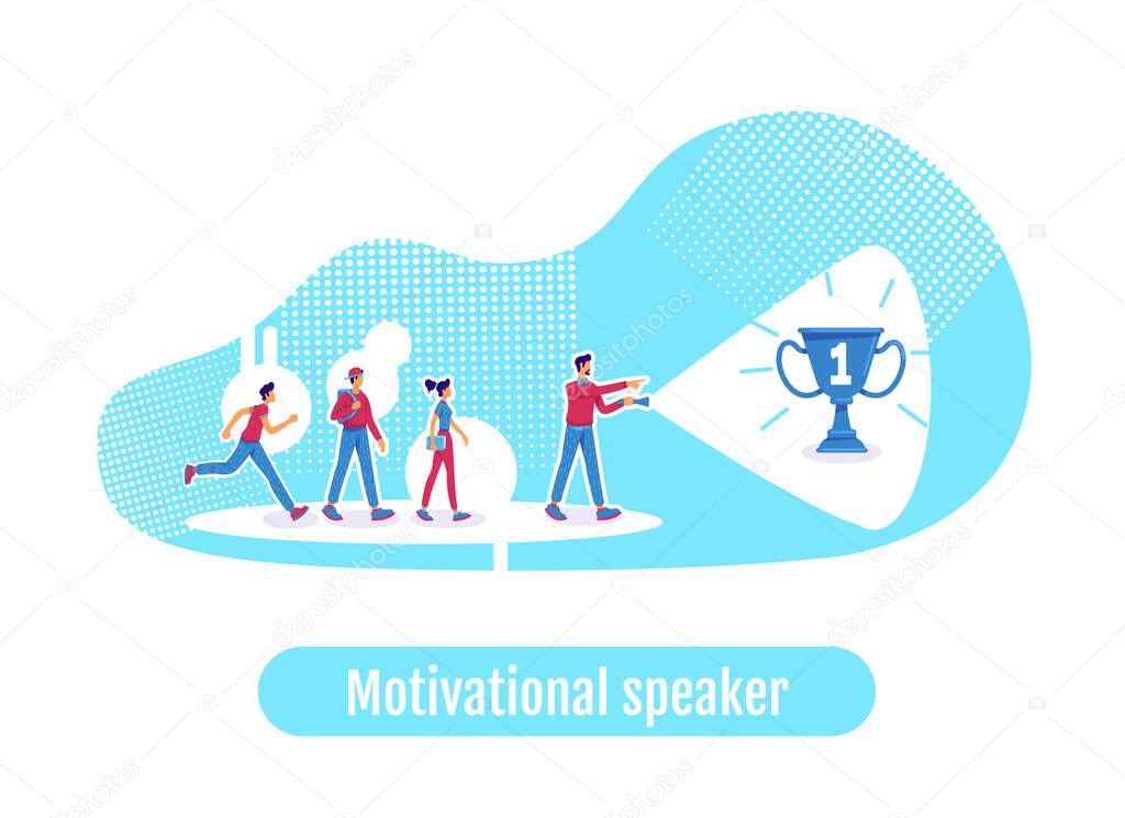 Leadership flat concept vector illustration. Motivational speaker phrase. Career achievement. Team leader and coworkers 2D cartoon characters for web design. Company mentor creative idea