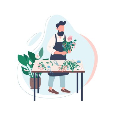 Profesyonel çiçekçi düz renk vektörü yüzsüz karakter. Çiçekleri düzenleyen adam. Erkek bahçıvan. Yaratıcı hobi. Çiçekçilik atölyesi web grafik tasarımı ve animasyonu için karikatür illüstrasyonunu izole etti