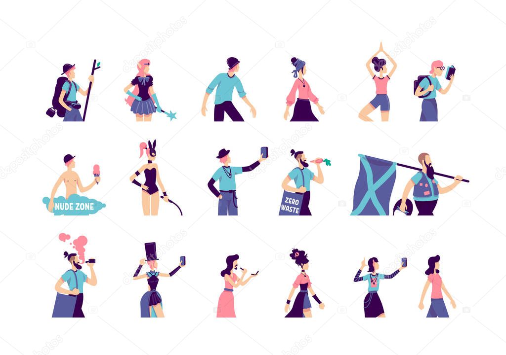 Subculture flat color vector faceless characters set. Male skater. Hipster with beard. Woman in boho style clothes. Alternative lifestyle isolated cartoon illustrations on white background