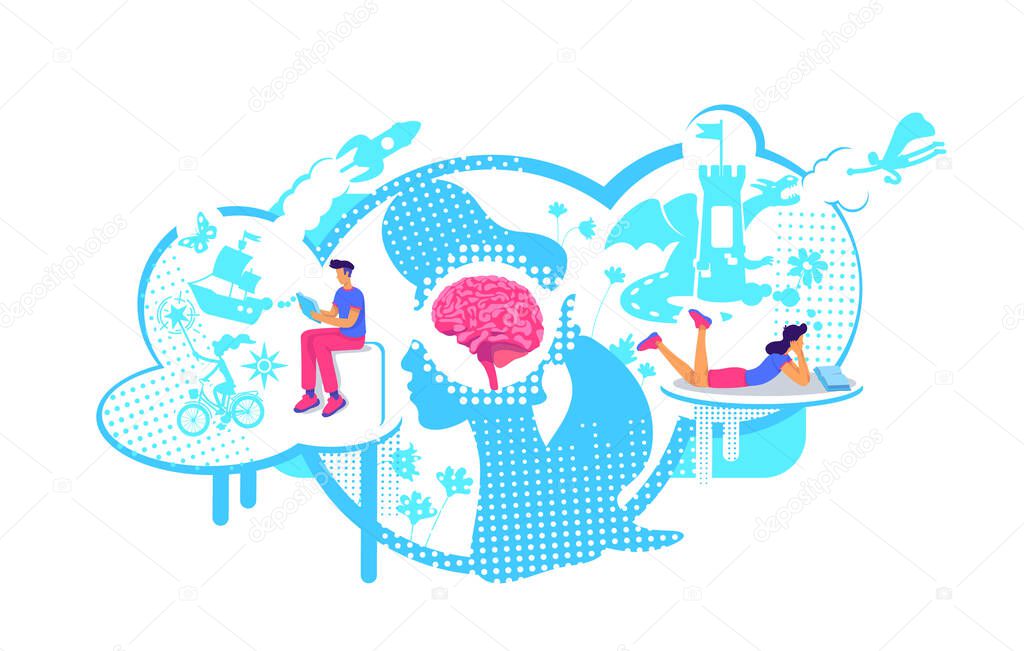 Visualization skills flat concept vector illustration. Developing imagination and creativity through reading. 2D cartoon characters for web design. Reading books creative idea