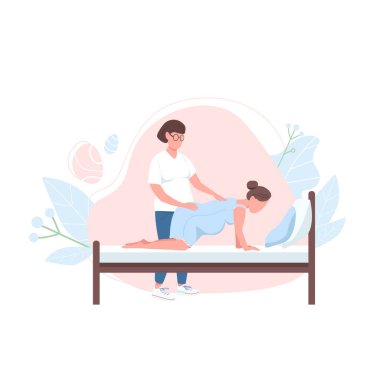 Düz renk vektörü olan yüzü olmayan bir kadın doğum uzmanı. Alternatif doğum uzmanı desteği. Hamilelik yardımı web grafik tasarımı ve animasyonu için izole edilmiş çizgi film çizimi