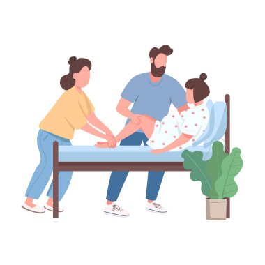 Kadın düz renk taşıyıcı, yüzü olmayan bir karakter doğurtuyor. Doula profesyonel yardım. Karı koca, çocuk doğururken karikatür çizimi yapıyor. Web grafik tasarımı ve animasyonu için.