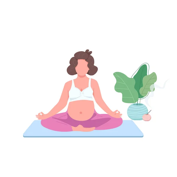 冥想怀孕女孩扁平的颜色矢量无脸的性格 肚子饿着的荷花姿势 产前瑜伽练习孤立卡通画 用于网页平面设计和动画制作 — 图库矢量图片