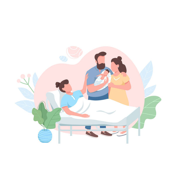 Суррогатная мама с гетеросексуальной парой плоских векторов цвета лица персонажа. Жена и муж с новорожденным. Альтернативные детские роды изолированные иллюстрации для веб-графического дизайна и анимации
