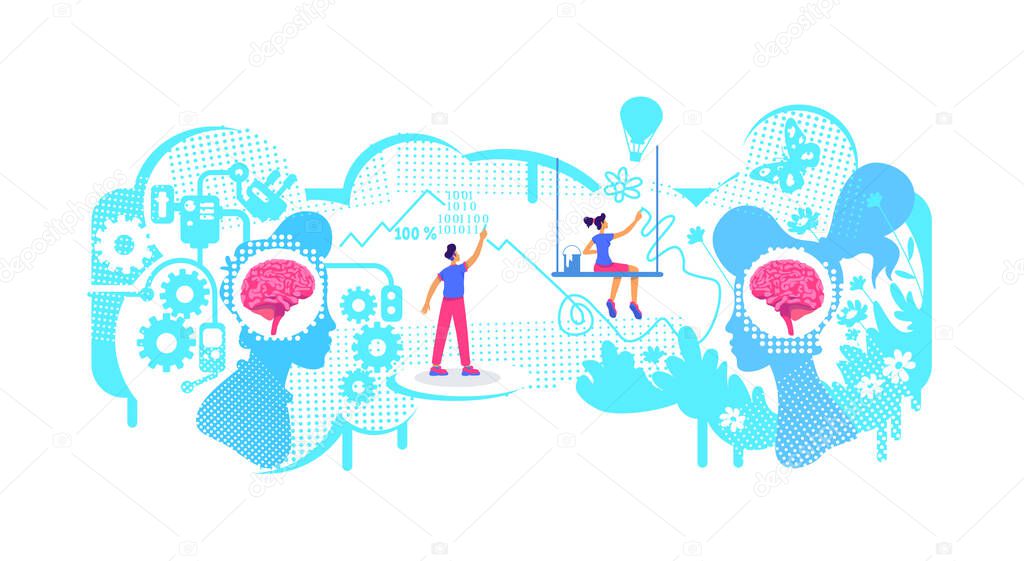 Technical and artistic creativity flat concept vector illustration. Analytical thinking skill. 2D cartoon characters for web design. Mental processes to organize information creative idea