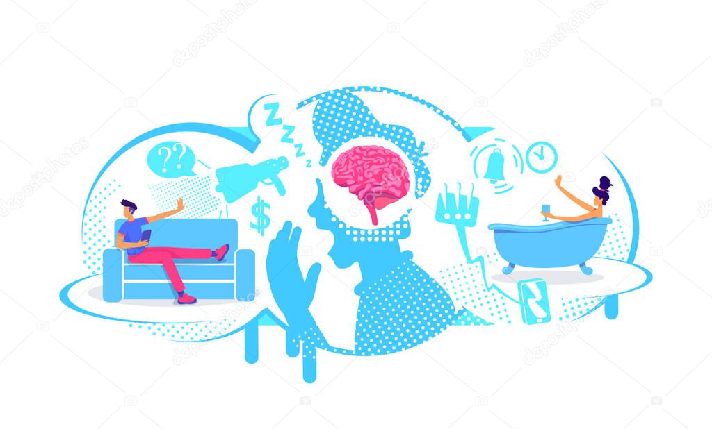 Procrastination, delayed tasks flat concept vector illustration. Avoidance to external stimuli. 2D cartoon characters for web design. Distraction game playing, web browsing, taking bath creative idea