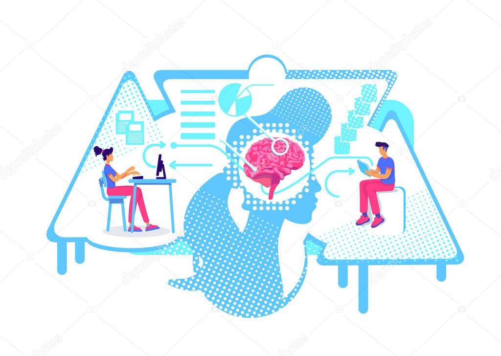 Analysis and systematization of information flat concept vector illustration. Human information processing, memory. 2D cartoon characters for web design. Brainstorming, observing creative idea