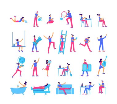 İnsanlar boş zamanlarını düz renk vektörsüz karakter kümesi ile geçiriyorlar. Öğrenme ve büyüme, hobiler, boş zaman çizelgeleri web grafik tasarımı ve animasyon koleksiyonu için izole edilmiş karikatür çizimleri