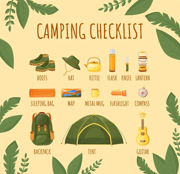 Camping Checklist Modelo Infográfico Informacional Vetorial Cores Planas Essenciais Cartaz — Vetor de Stock