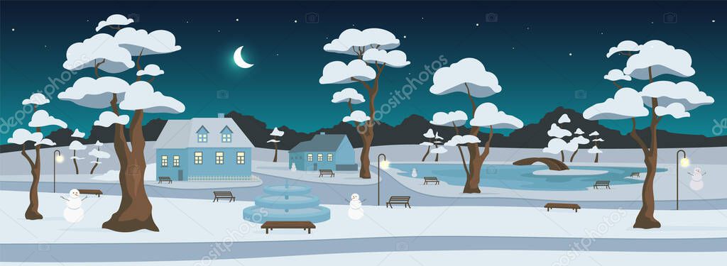 Winter park at night flat color vector illustration. City recreation zone. Village square. Outdoor rest. Snowy streets and houses 2D cartoon landscape with trees and crescent moon on background