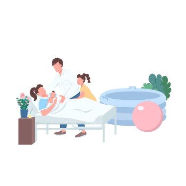 Çocuk doğumu düz renk vektörü, yüzü olmayan karakterler. Doğum sancısı için harika bir yöntem. Yeni doğmuş bebeği olan bir aile. Alternatif doğum web grafik tasarımı ve animasyonu için evde izole edilmiş çizgi film çizimi