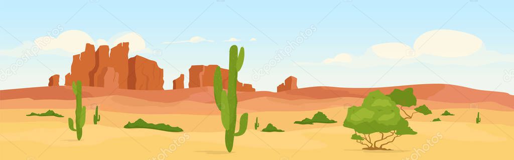 Western dry desert at day time flat color vector illustration. Wasteland travel destination. Wilderness morning scenery. Wild west 2D cartoon landscape with cactus and canyons on background