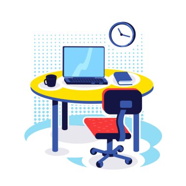 Ofis işyeri düz renk vektör nesnesi. Bilgisayarlı masa. Şirket işi. Bilgisayar monitörü masada. Ev işi yeri. Web grafik tasarımı ve animasyonu için çalışma alanı izole edilmiş çizgi film çizimi