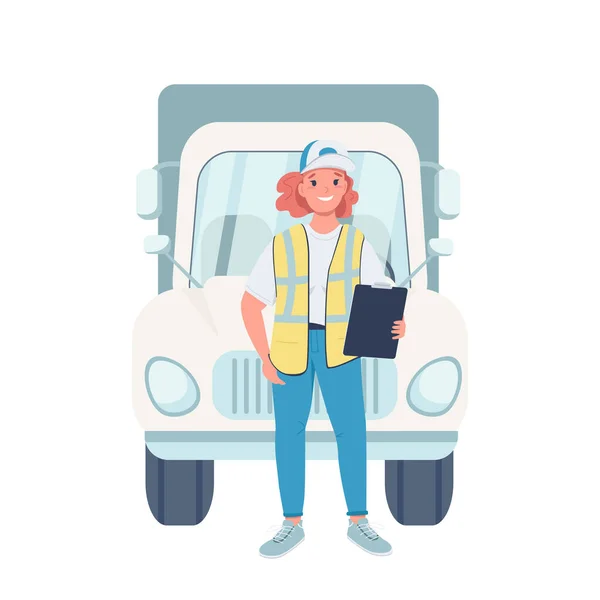 女性トラック運転手フラットカラーベクトル詳細な文字 職場での男女平等 ウェブグラフィックデザインとアニメーションのための車両分離された漫画のイラストと陽気な女性のトラック運転手 — ストックベクタ