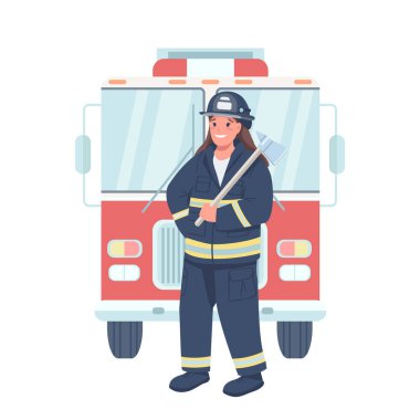 Kadın itfaiyeci düz renk vektörü ayrıntılı karakter. İş yerinde cinsiyet eşitliği. Elinde ekipman bulunan kadın itfaiyeci web grafik tasarımı ve animasyonu için karikatür çizimlerini izole etti