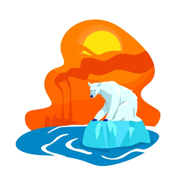 气候变化2D矢量网页横幅 工厂排放 北极熊绝种了以卡通为背景的北极平缓风景融化 Global Warming Printable Patch Colorful Web Element — 图库矢量图片