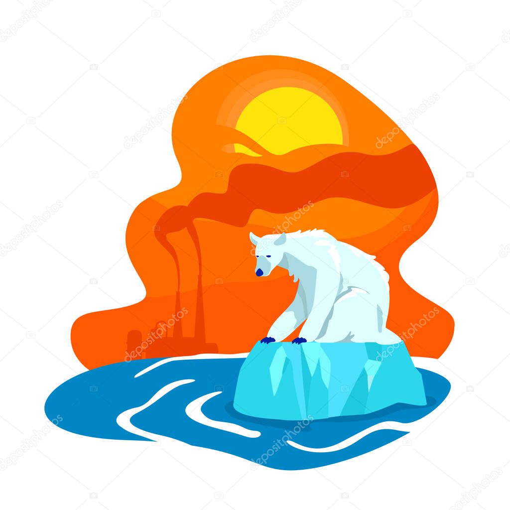 Climate change 2D vector web banner, poster. Factory emission. Polar bear extinction. Melting of north pole flat scenery on cartoon background. Global warming printable patch, colorful web element