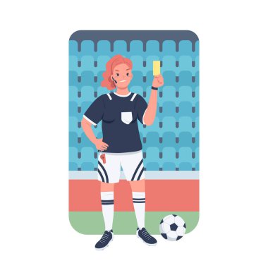 Kadın futbol hakemi düz renk vektörü detaylı karakter. İş yerinde cinsiyet eşitliği. Stadyumdaki bayan futbol hakemi web grafik tasarımı ve animasyonu için izole edilmiş çizgi film çizimi
