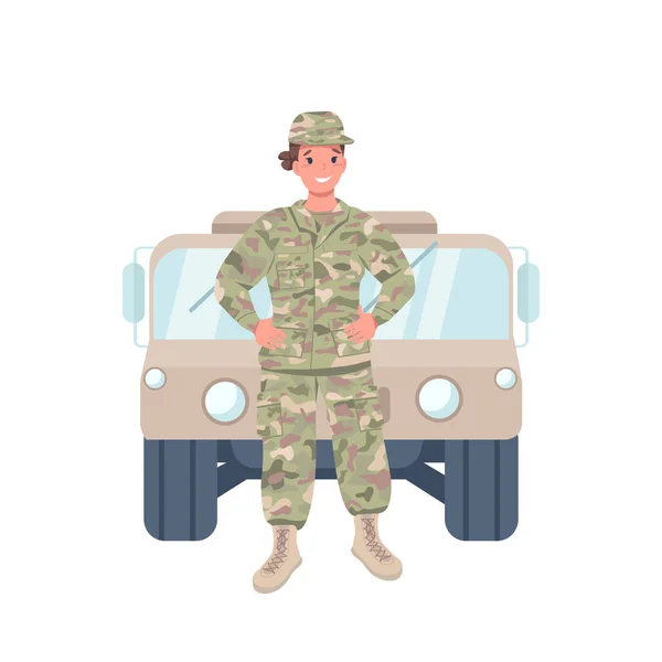 女性兵士フラットカラーベクトル詳細な文字 武装勢力で働く陽気な女性 男女のバランス 司令官は ウェブグラフィックデザインやアニメーションのための孤立した漫画イラスト — ストックベクタ