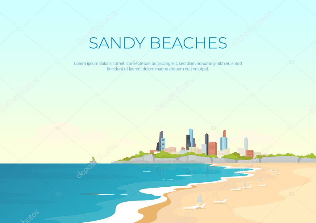 Sandy beach banner flat vector template. Summertime urban rest. Sea resort hotels. Brochure, booklet one page concept design with cartoon landscape. Summer recreation in city horizontal flyer, leaflet
