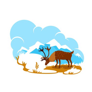 Alaska 2D vektör web pankartı, poster. Yabanda ren geyiği. Doğal yaşam alanı. Çizgi film arka planında, dağ tepesindeki geyik manzarası. Kuzey Amerika vahşi yaşam basılabilir yaması, renkli web ögesi