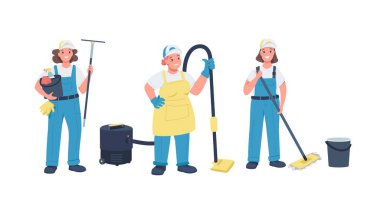 Temizlikçi kadınlar düz renk vektörü detaylı karakterler seti. Çalışkan, neşeli kadınlar. Temizlik ekipmanları ile çalışan kadın web grafik tasarımı ve animasyonu için izole çizgi film çizimi