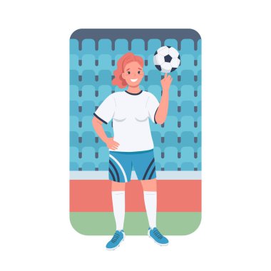 Kadın futbolcu düz renk vektörü ayrıntılı karakter. Kadın sporları. Cinsiyet eşitliği. Şampiyonada bayan futbolcu web grafik tasarımı ve animasyonu için izole edilmiş karikatür çizimi
