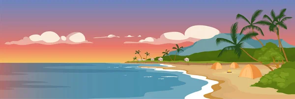 Plage Sable Tropical Illustration Vectorielle Couleur Plate Littoral Sauvage Palmiers — Image vectorielle