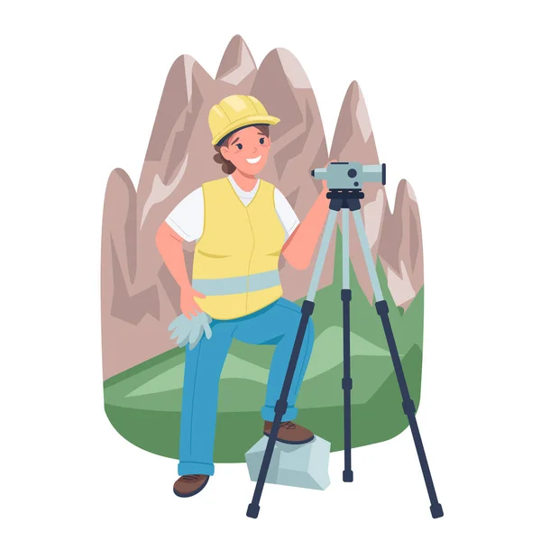 山地附近的女性土地测量员平面彩色矢量的详细特征 从事用于网页制图和动画的大地测量仪器孤立卡通画工作的女性 — 图库矢量图片