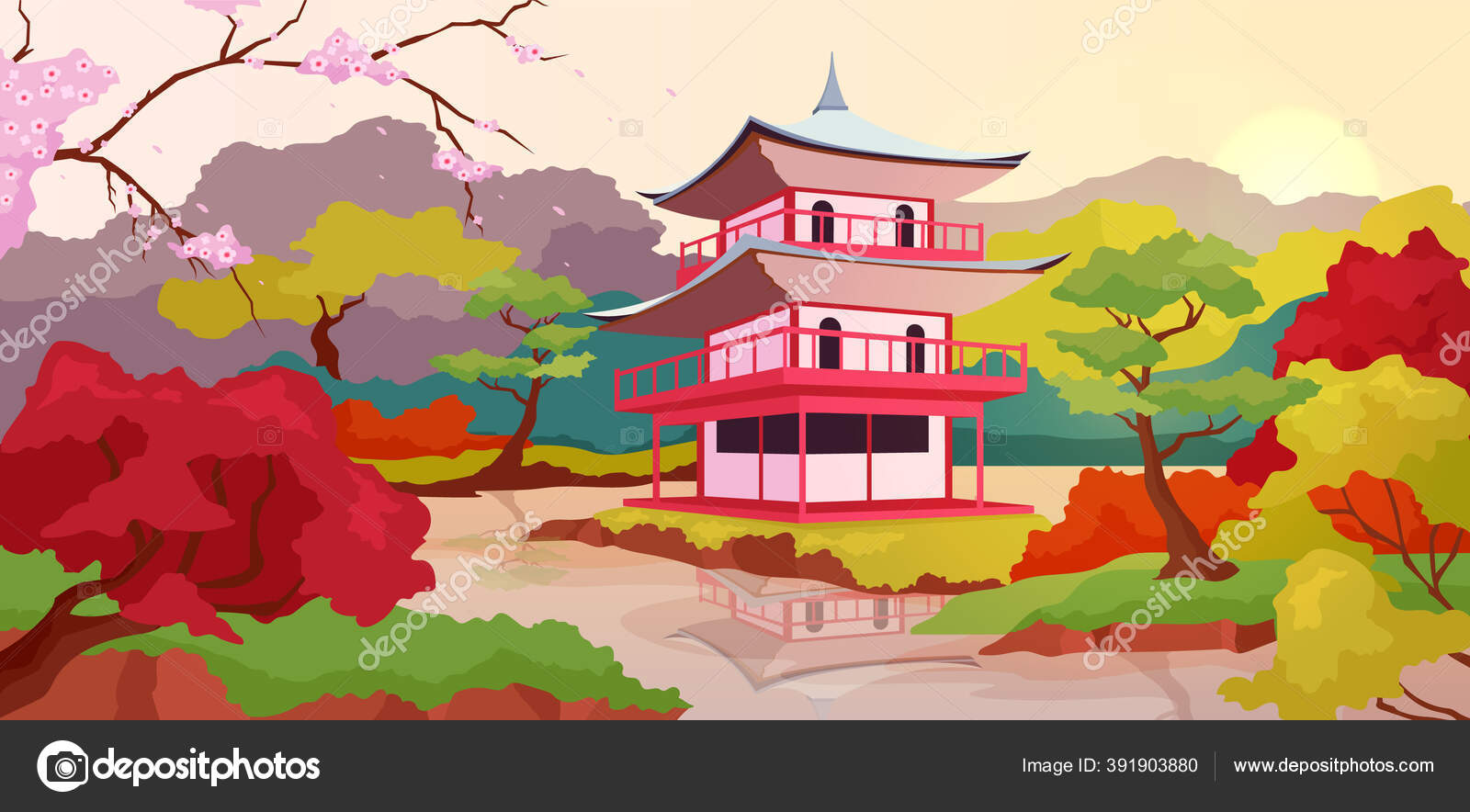 Image vectorielle Illustration Vectorielle Couleur Plate Pagode Japonaise  Tour Traditionnelle Temple Japon par ©IMG visuals characters - 391903880, image size:1600x884