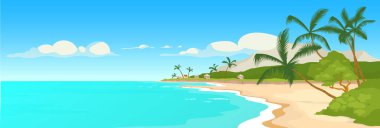 Tropical sandy beach flat color vector illustration. Wild sea shore and palm trees scene. Marine town panoramic view. Summer recreation. Exotic paradise 2D cartoon landscape ocean coast on background clipart