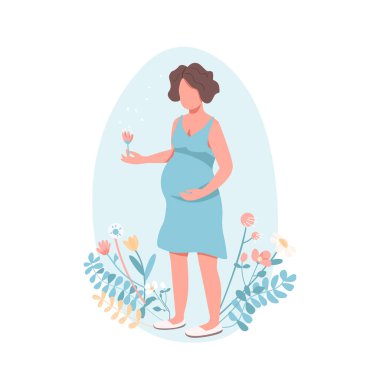 Mutlu hamile kadın düz renk vektör yüzsüz karakter. Çocuk doğurmak. Bebek bekleyen bir kız. Göbekli kadın. Web grafik tasarımı ve animasyonu için annelik izole çizgi film çizimi
