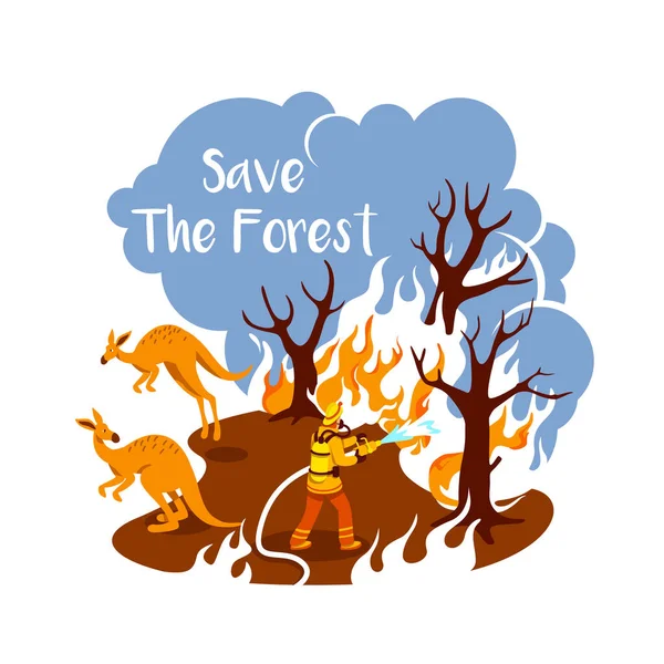 Палаючі Ліси Векторний Веб Банер Плакат Врятуйте Лісову Фразу Вогнеборці — стоковий вектор