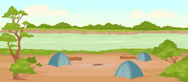 Campingplats Platt Färg Vektor Illustration Vilda Flodstranden Rekreation Naturen Sommar — Stock vektor