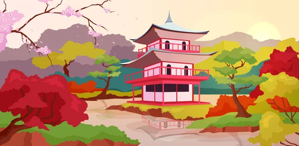 Japanese pagoda flat color vector illustration. Traditional tower, temple in Japan. Touristic attraction. Asian garden in spring 2D cartoon landscape with mountains on background