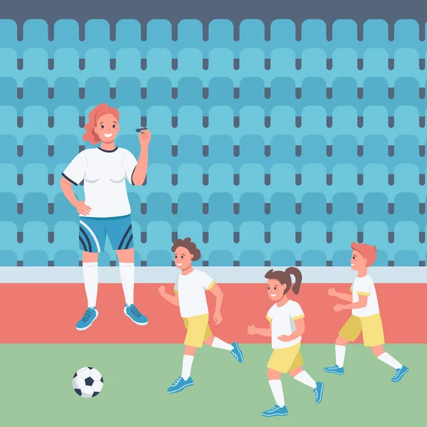 Mujer Entrenador Fútbol Plano Vector Color Ilustración Profesora Educación Física — Archivo Imágenes Vectoriales