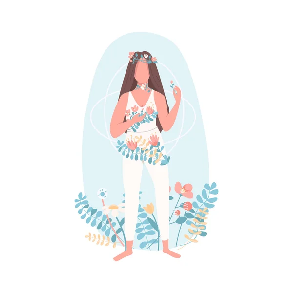 具有花朵扁平的颜色矢量的女人 女性保健 有精神健康的女孩用于网页平面设计和动画的精神和谐孤立的卡通画 — 图库矢量图片