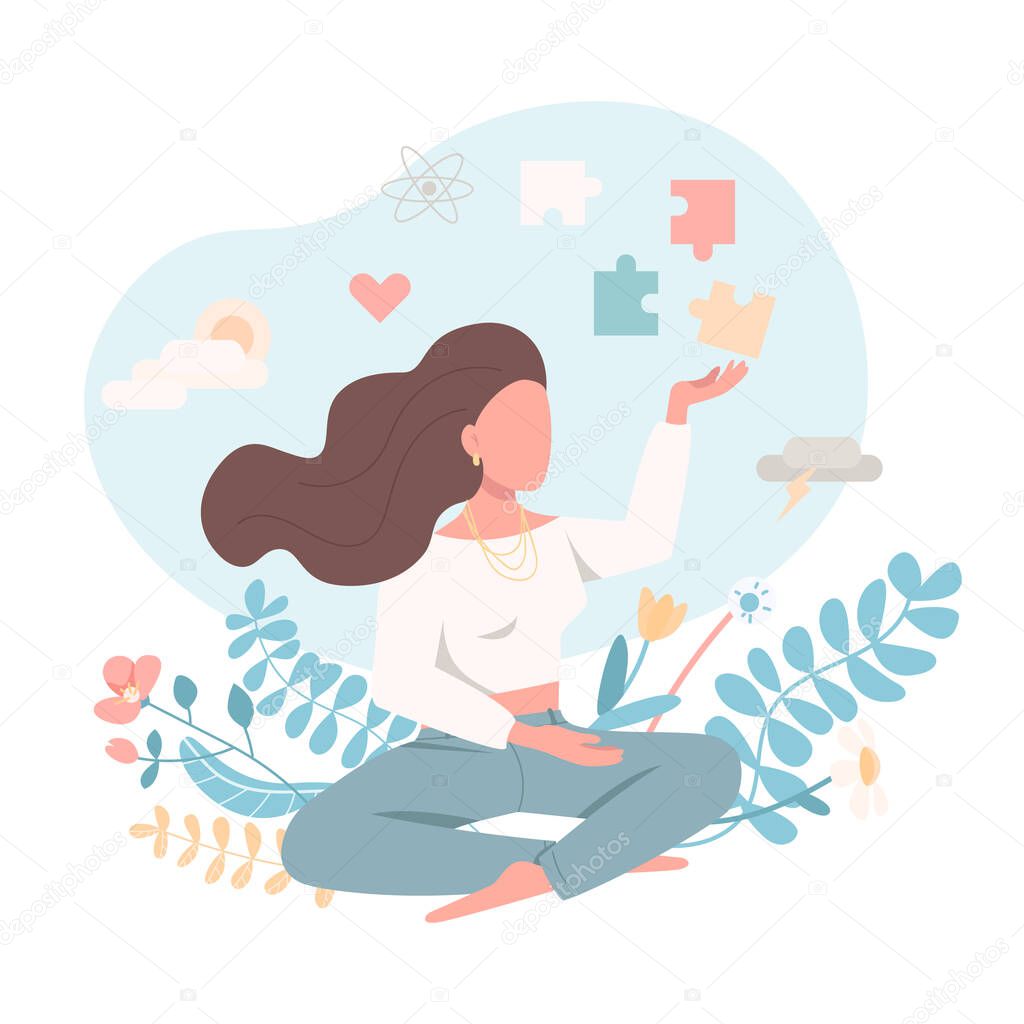 Psychologically healthy female flat color vector faceless character. Emotional wellbeing. Peace of mind. Mental health isolated cartoon illustration for web graphic design and animation