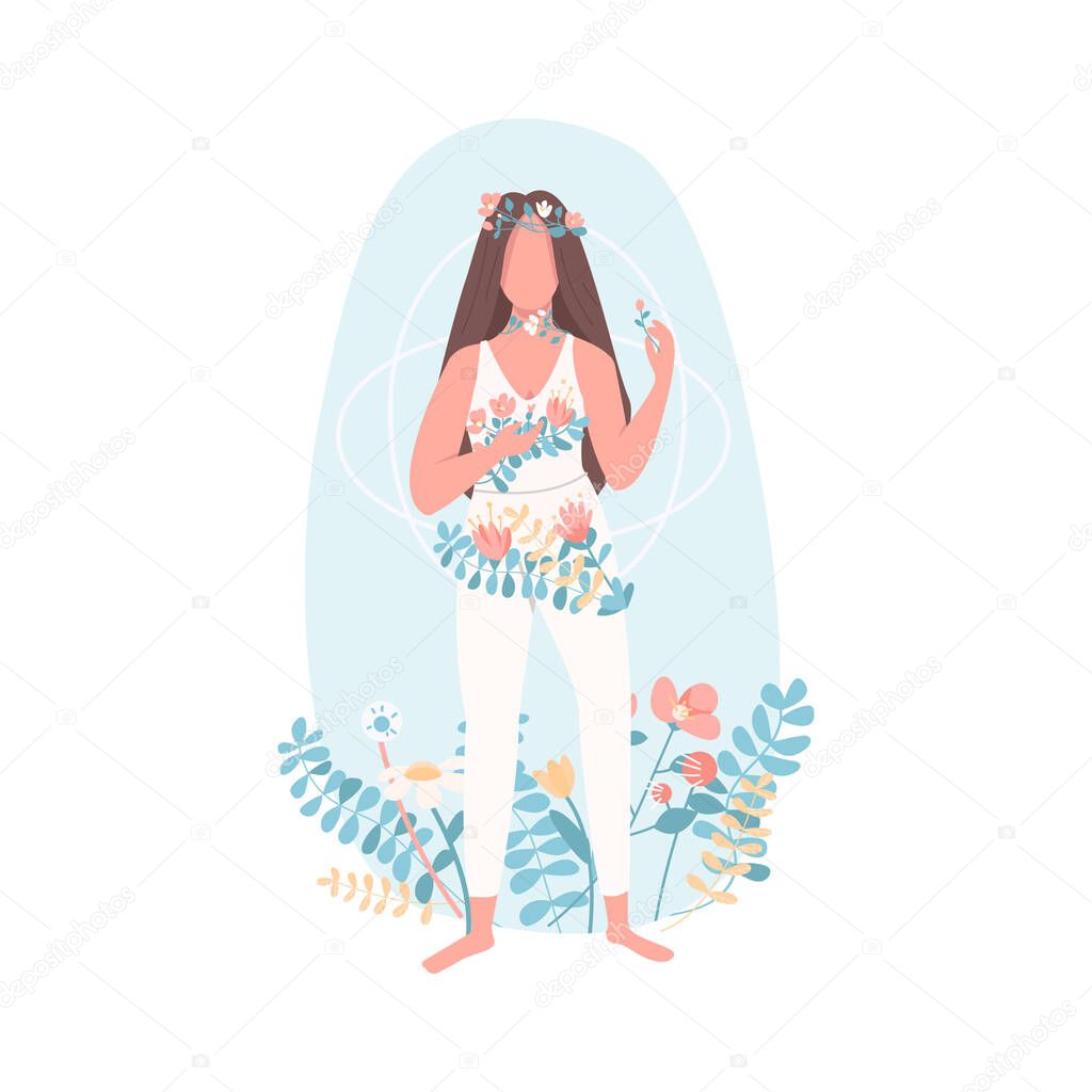 Woman with flowers flat color vector faceless character. Female healthcare. Girl with mental wellbeing. Spiritual harmony isolated cartoon illustration for web graphic design and animation