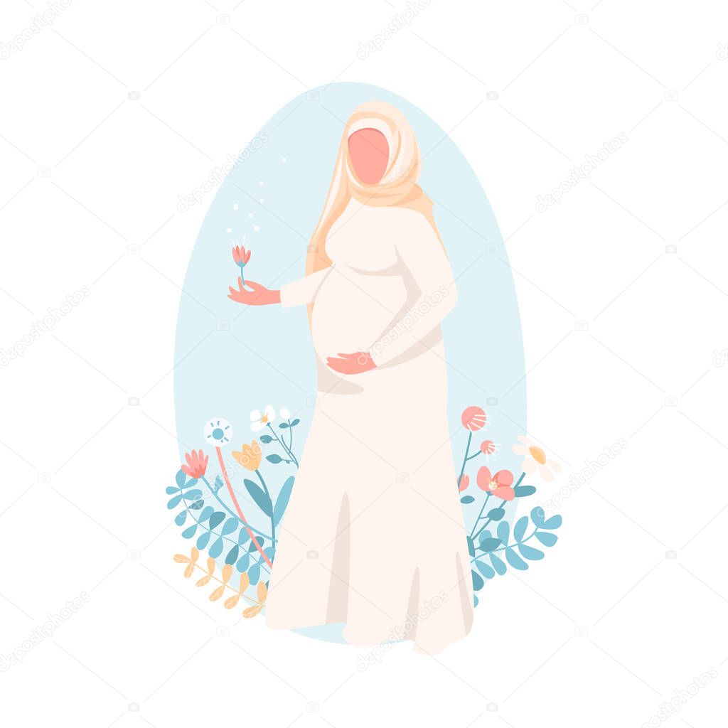 Pregnant muslim woman flat color vector faceless character. Happy young mother. Female with baby belly. Prenatal care. Maternity isolated cartoon illustration for web graphic design and animation