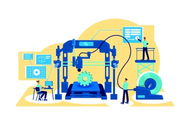 Otomasyon düz konsept vektör çizimi. Fabrika makinelerinin dijital hale getirilmesi. Dijital dönüşüm. Web tasarımı için 2D çizgi film karakterleri üretmek. Otomatikleştirme yaratıcı fikir
