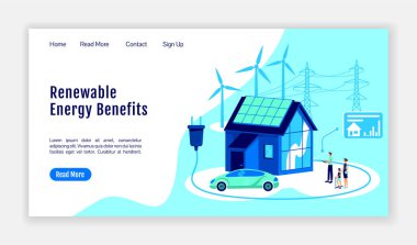 Yenilenebilir enerji iniş sayfası düz renk vektör şablonu sağlar. Çevrimiçi platform ana sayfa düzeni. Çizgi film illüstrasyonuyla ilgili tek sayfalık akıllı web sitesi arayüzü. Sayısallaştırma web pankartı, web sayfası