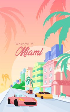 Florida sokakları düz vektör şablonu. Miami deyimine hoş geldiniz. Modern binalar ve lüks arabalar. Broşür, çizgi film nesneleri ile ilgili birinci sayfa konsept tasarımı. Yaz tatili broşürü, broşür