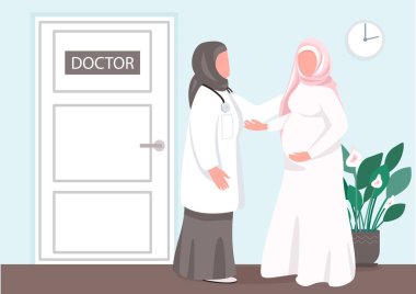 Doğum öncesi konsültasyon düz renk vektör çizimi. Müslüman kız doktoru ziyaret etti. Genç anne sağlığı kontrolü için klinik. Jinekoloğa hamile kadın. Arka planda 2D çizgi film karakterleri var.